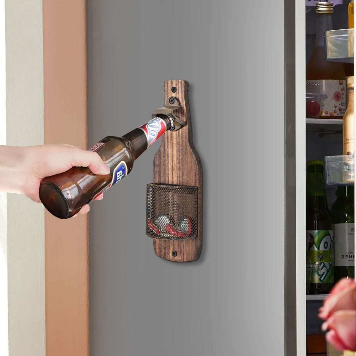 Wall-Mounted Wooden Bottle Opener — Open, Catch & Display Your Bottle Caps